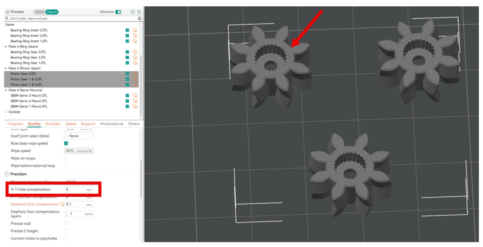 Adjusting X-Y hole compensation for the pinion gears