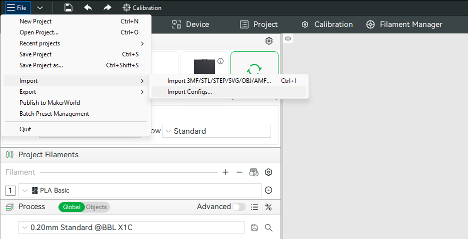 Import Configs in the File menu