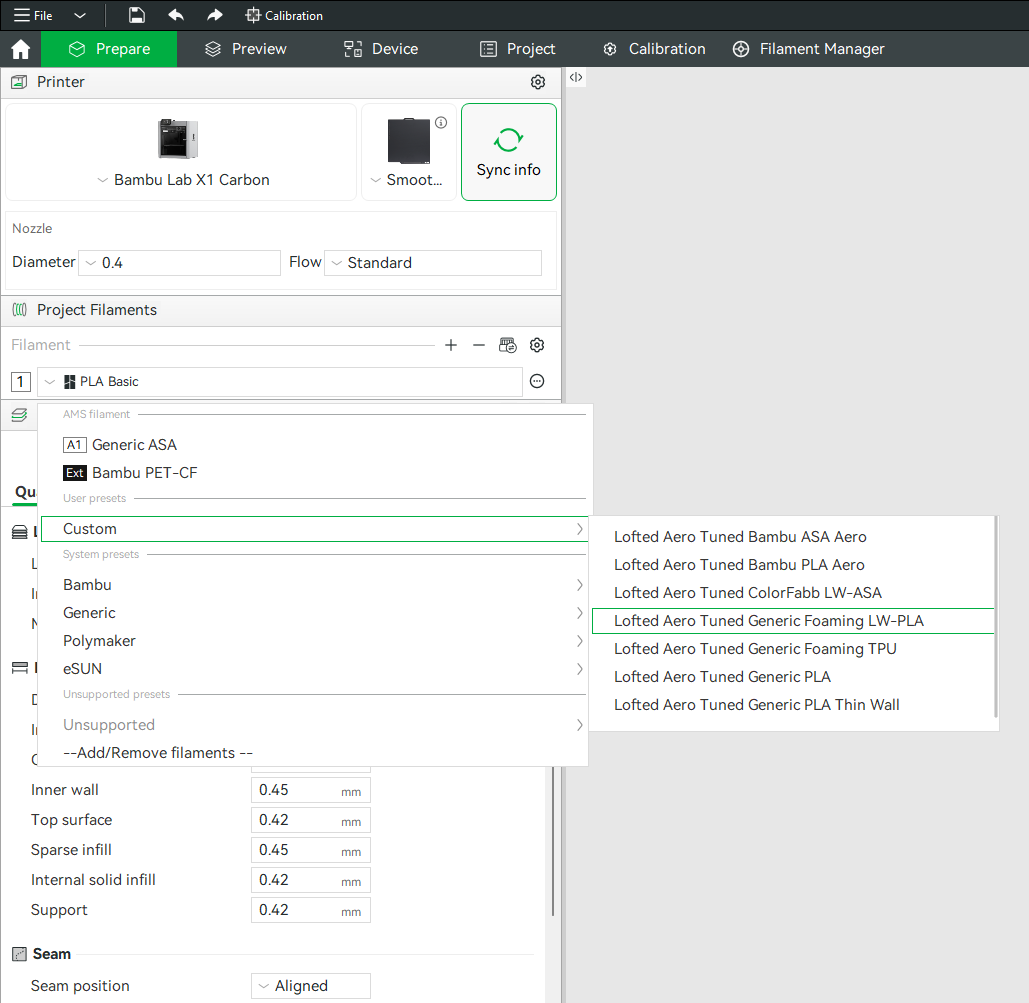 Lofted Aero filament presets under User Presets